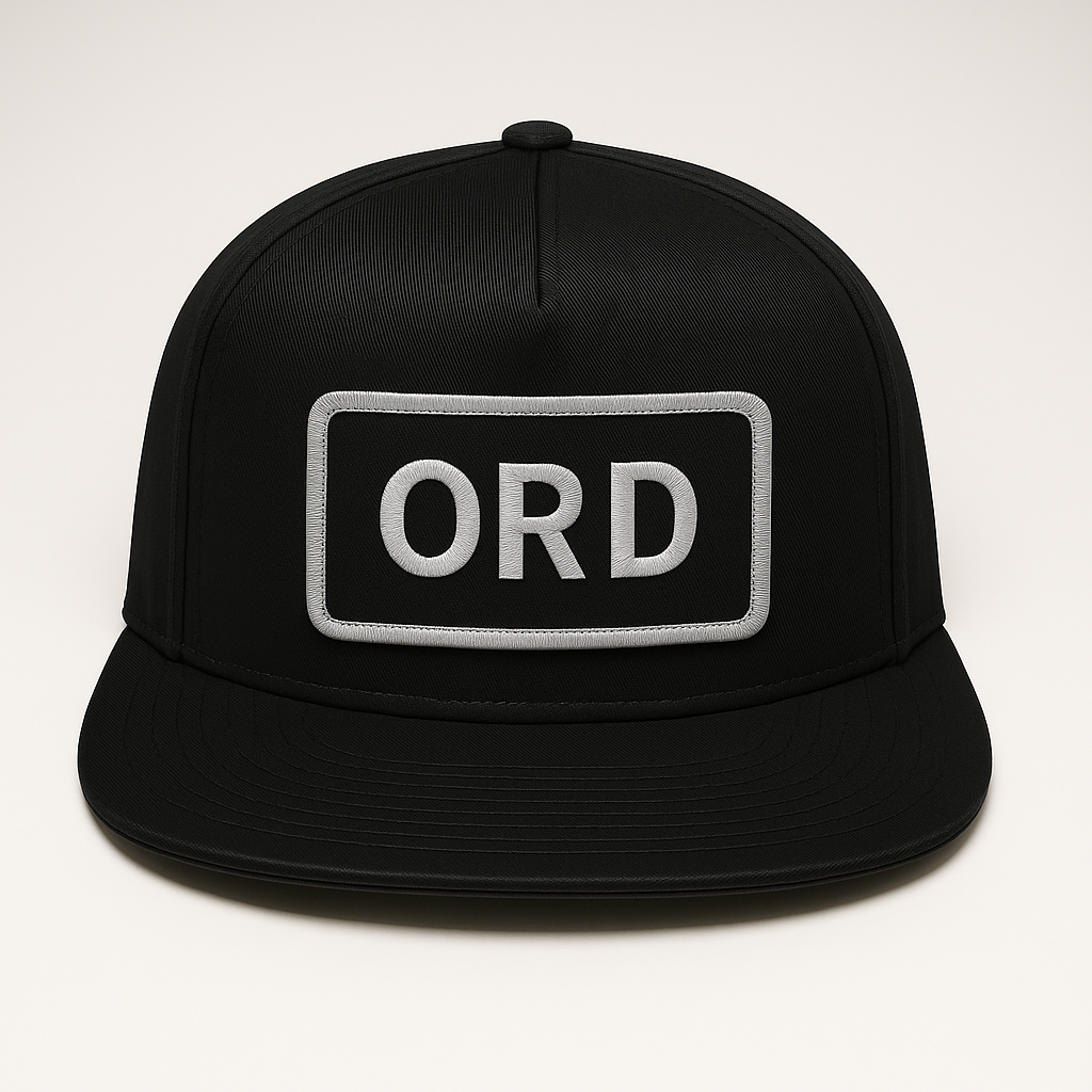 Front view of ORD Chicago O’Hare airport trucker hat mesh snapback black