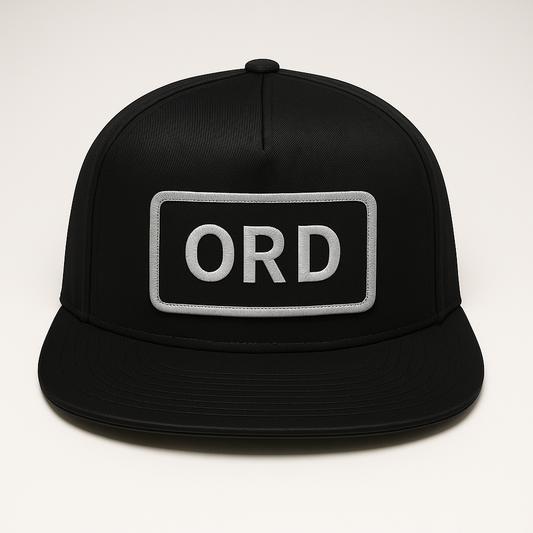 Front view of ORD Chicago O’Hare airport trucker hat mesh snapback black