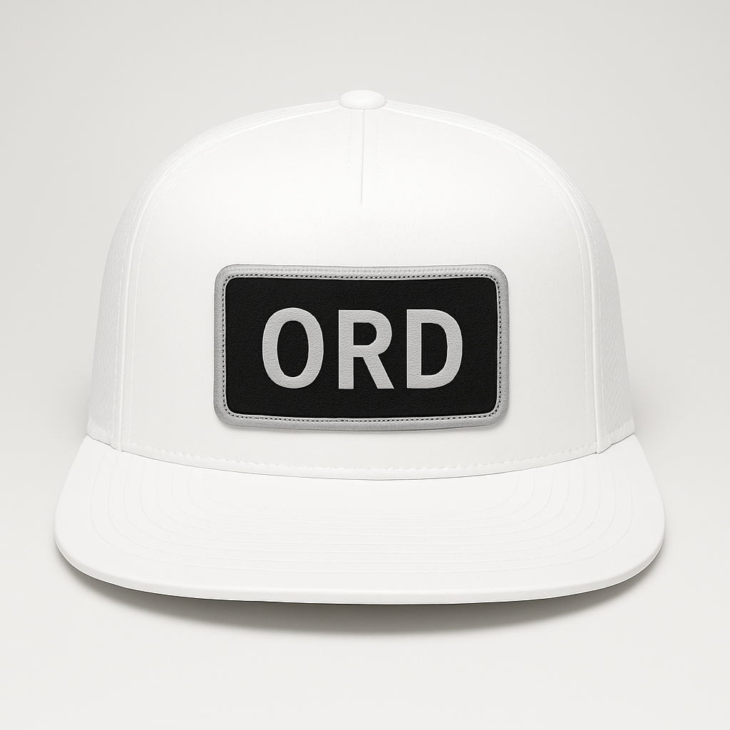 Front view of ORD Chicago O’Hare airport trucker hat mesh snapback white
