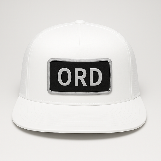 Front view of ORD Chicago O’Hare airport trucker hat mesh snapback white
