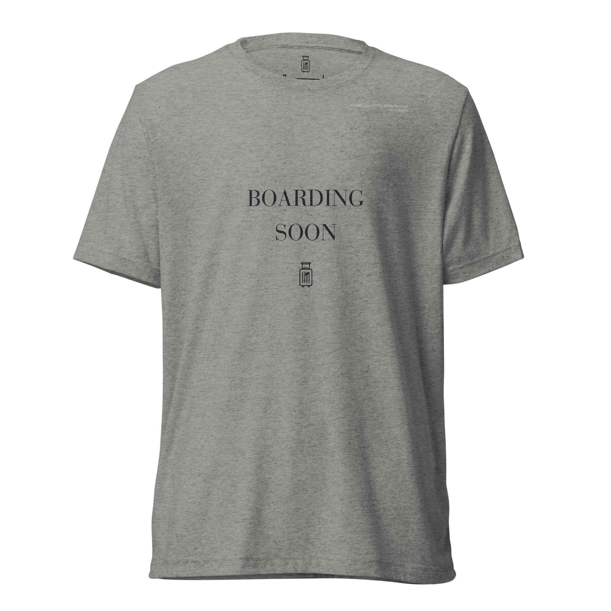 Boarding Soon Athletic Grey triblend travel T-shirt, front view