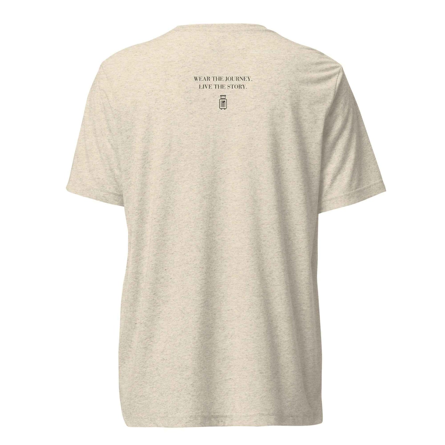 Wander Often T-shirt upper-back message: Wear the Journey. Live the Story.