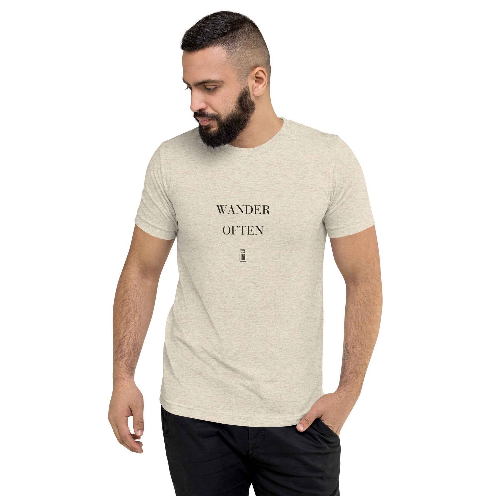 Wander Often oatmeal triblend travel T-shirt, front view