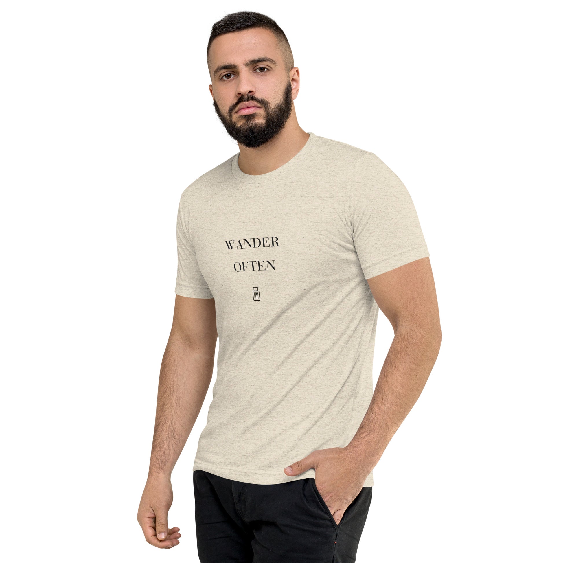 Wander Often travel T-shirt, lifestyle angled front view