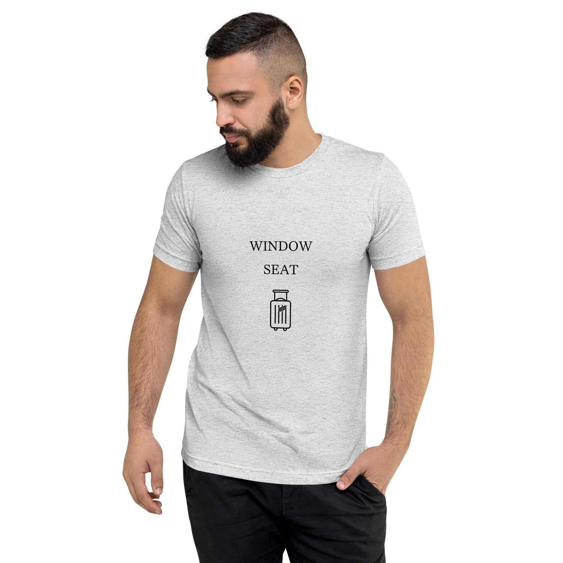 Window Seat White Fleck triblend travel T-shirt, front view