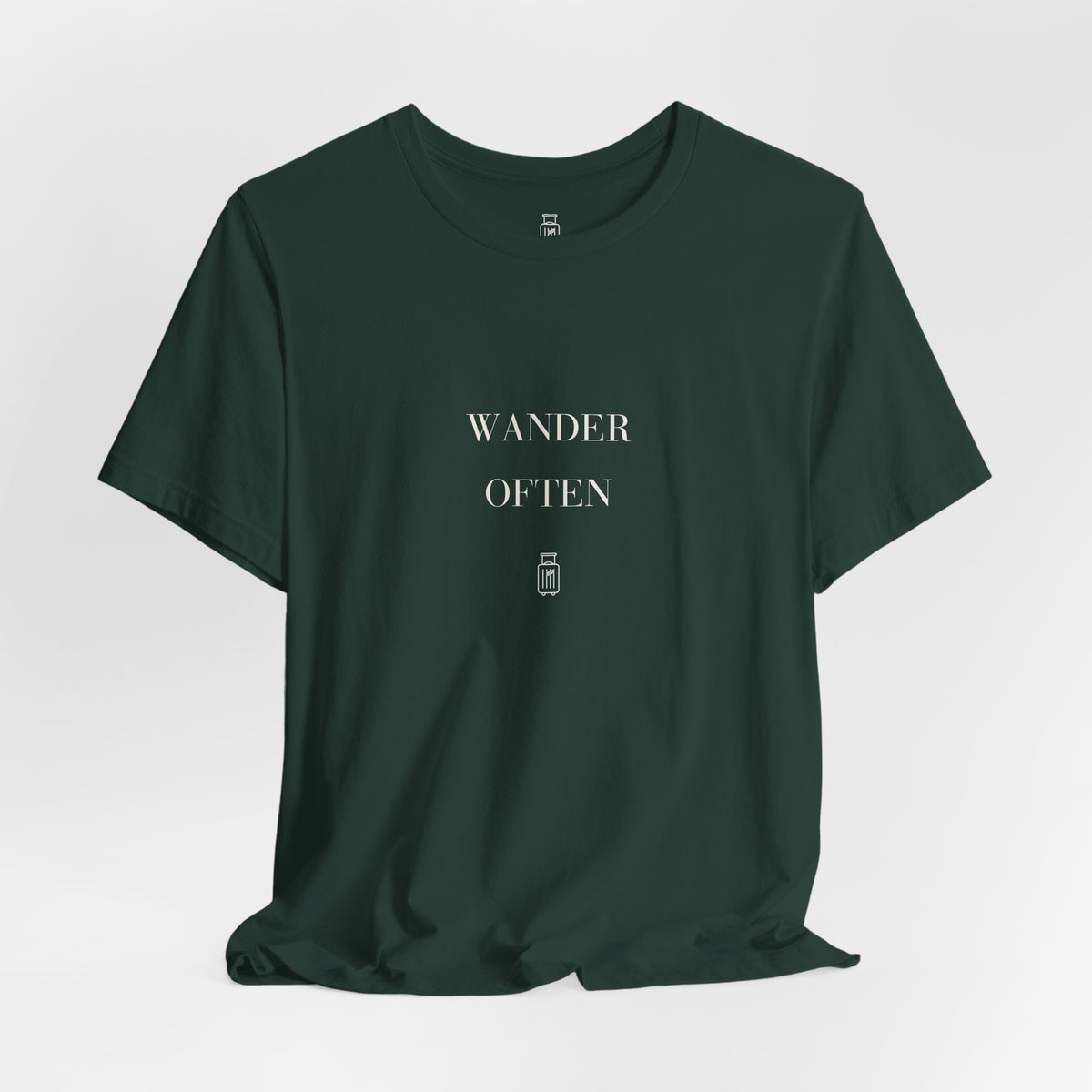 Wander Often tee in Forest, corrected hanging view